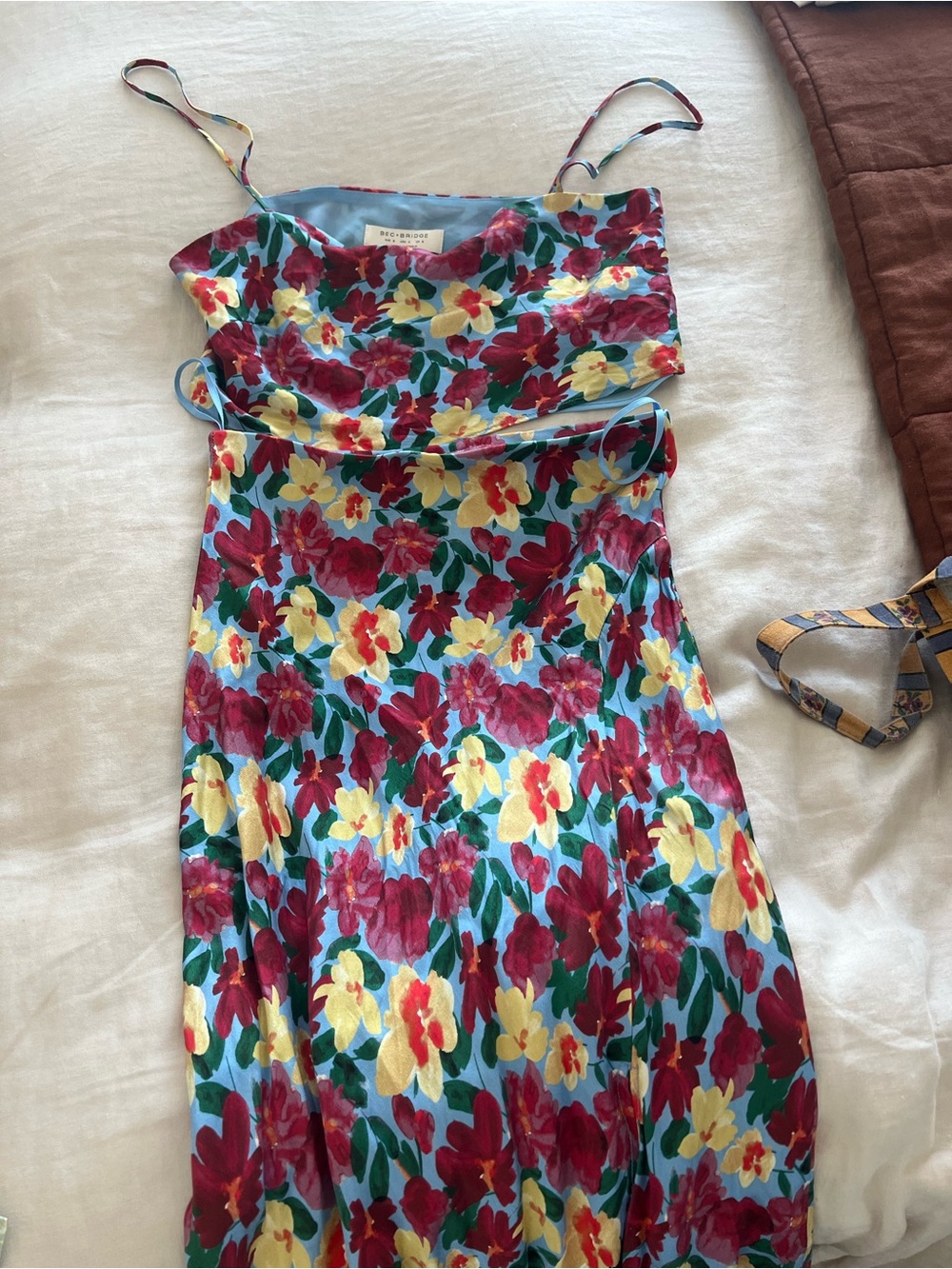 Bec & Bridge Floral Slip Dress in Sky Blue with Red and Pink Blooms